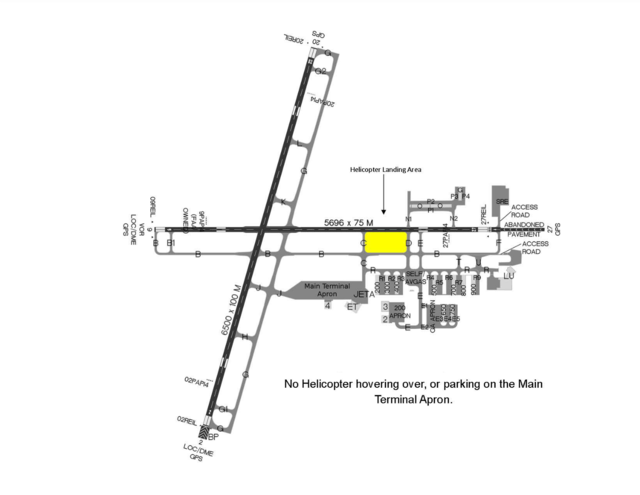 A graphic depicting the helicopter landing area at Lewis Airport. No helicopter hovering over, or parking on the Main Terminal Apron.