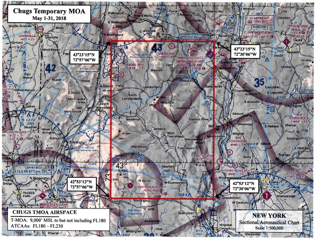A graphic depicting the Chugs Temporary Military Operations Area in Windham, Vermont.