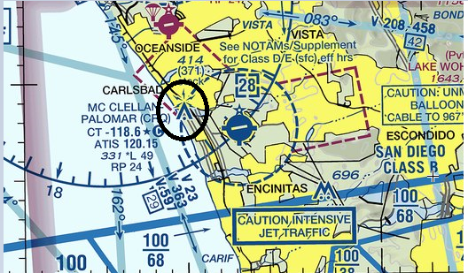 A graphic depicting the location of power plant exhaust stacks 3.15 west of the McClellan-Palomar Airport.