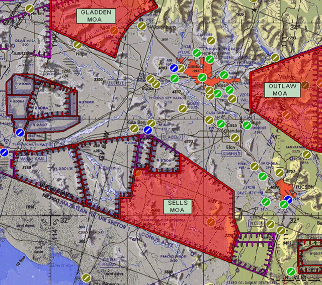 Diagram depicting the lights-out operations area within the Sells Low/Sells 1 MOAs in Arizona.