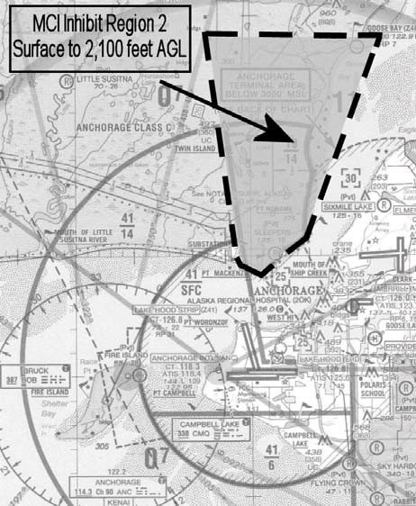 Graphic depicting MCI Inhibit Region 2 Surface to 2,100 feet AGL.