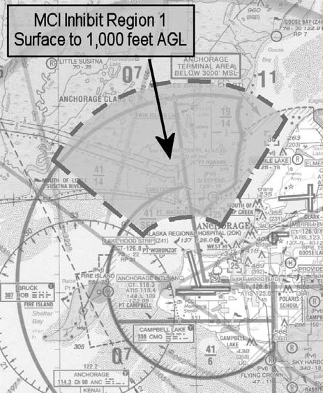 Graphic depicting MCI Inhibit Region 1 Surface to 1,000 feet AGL.