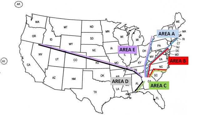A graphic depicting the preferred IFR arrival routes for jet and turboprop aircraft arriving at Newnan Coweta County Airport (CCO), Henry County Airport (HMP), Atlanta Regional Falcon Field Airport (FFC), Convington Municipal Airport (CVC), or Griffin-Spalding County Airport (6A2). See the corresponding table below.