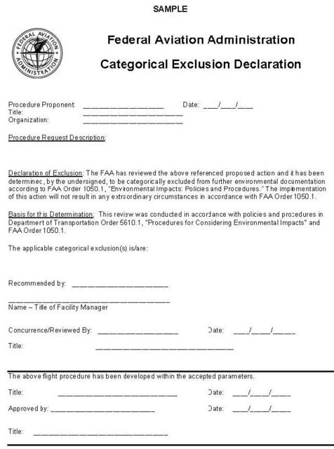 A graphic depicting a sample of the DOT FAA Categorical Exclusion Declaration.