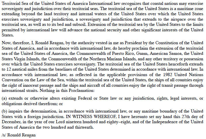 A graphic depicting Presidential Proclamation No. 5928 December 27, 1988, (54 F.R. 777).