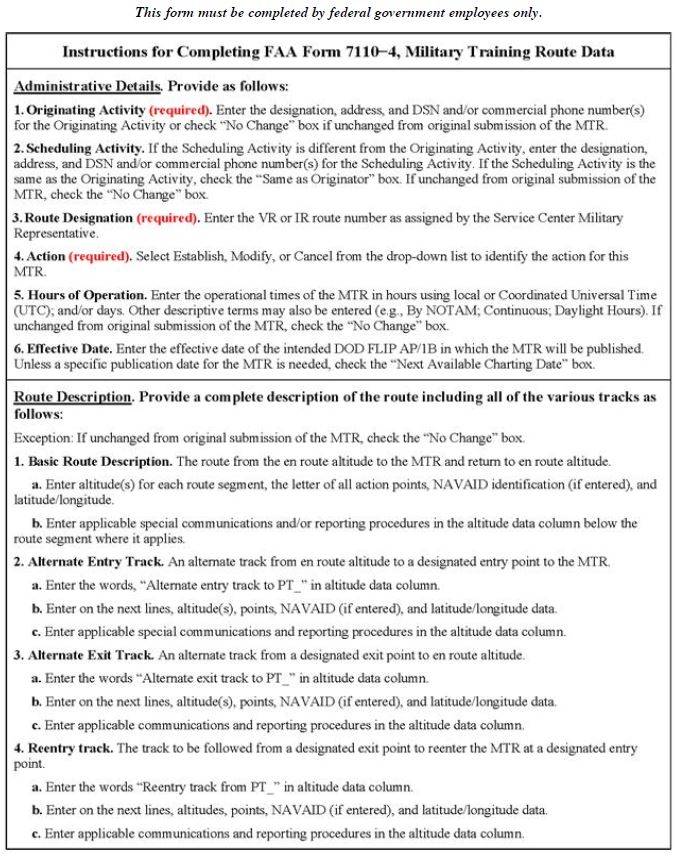 A graphic depicting FAA Form 7110-4, Military Training Route Data