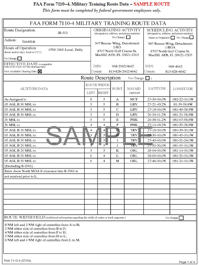 A graphic depicting FAA Form 7110-4, Military Training Route Data
