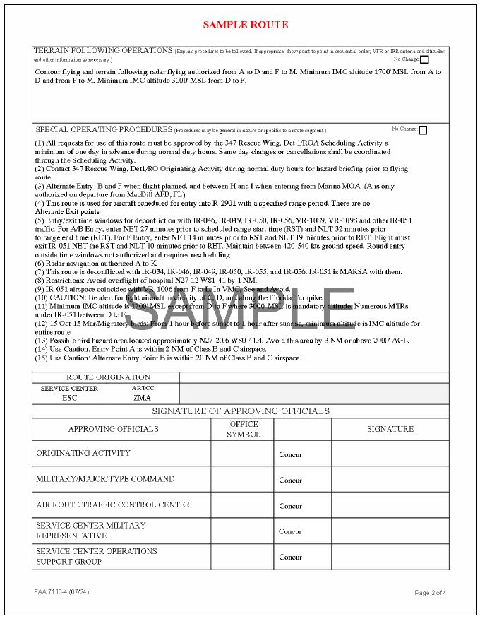A graphic depicting FAA Form 7110-4, Military Training Route Data
