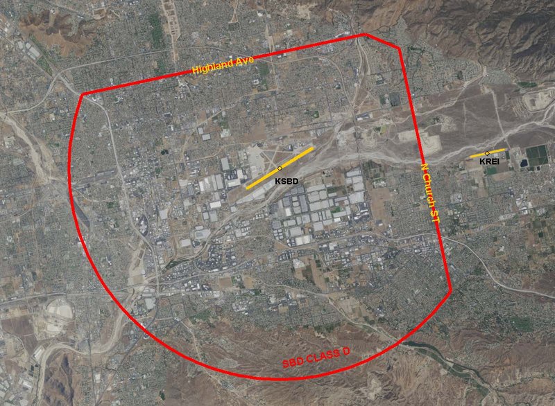 A graphic depicting SBD Class D boundary with red lines. Yellow lines depict runways at SBD and REI.