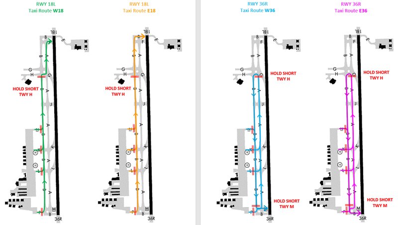 This graphic depicts the taxi routes for aircraft departing RWY 36R at KAUS.