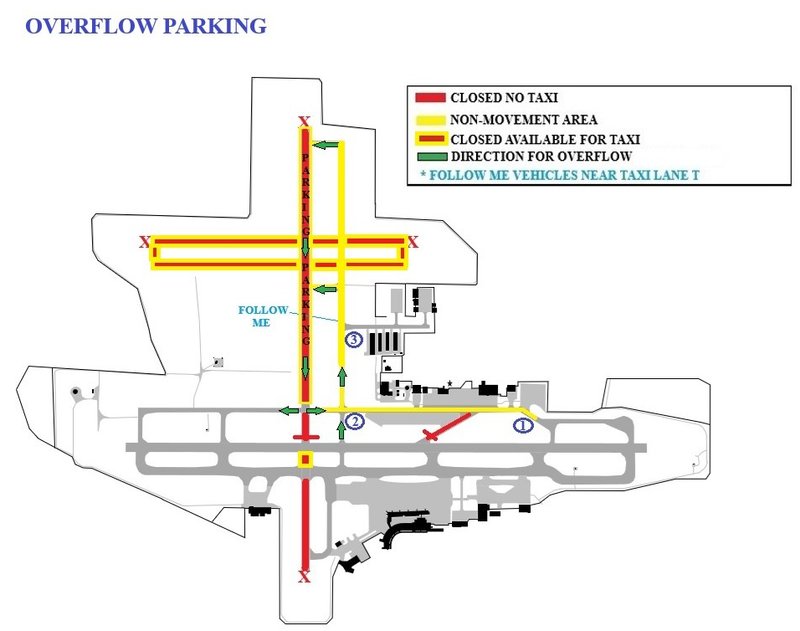 A created map of the South Bend International Airport Diagram for Game Day Overflow parking when Runway 18/36 is closed. Yellow shows the non-movement area, red with yellow shows closed available for taxi, red shows closed no taxi, and green arrows show direction of travel. Aircraft should travel northbound on TWY N to enter overflow parking and southbound on Runway 18/36 to exit overflow parking.