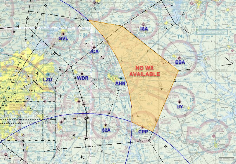 Aeronautical chart showing the shaded portion of the eastern half of AHN airspace where Atlanta Approach Control will not have weather data during the LZU ASR-9 outage.