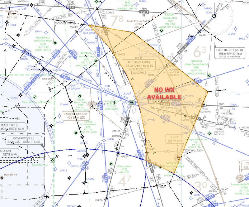 Low-altitude aeronautical chart showing the shaded portion of the eastern half of AHN airspace where Atlanta Approach Control will not have weather data during the LZU ASR-9 outage.