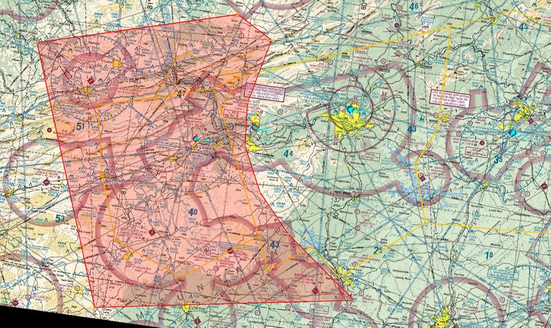 Aeronautical sectional chart showing the yellow boundary of Roanoke Approach Control airspace and the red-shaded area west of the Lynchburg ASR-9 60 NM limit where weather data and weather-related safety alerts are unavailable at and below 6,000 feet MSL during the ROA ASR-8 outage.