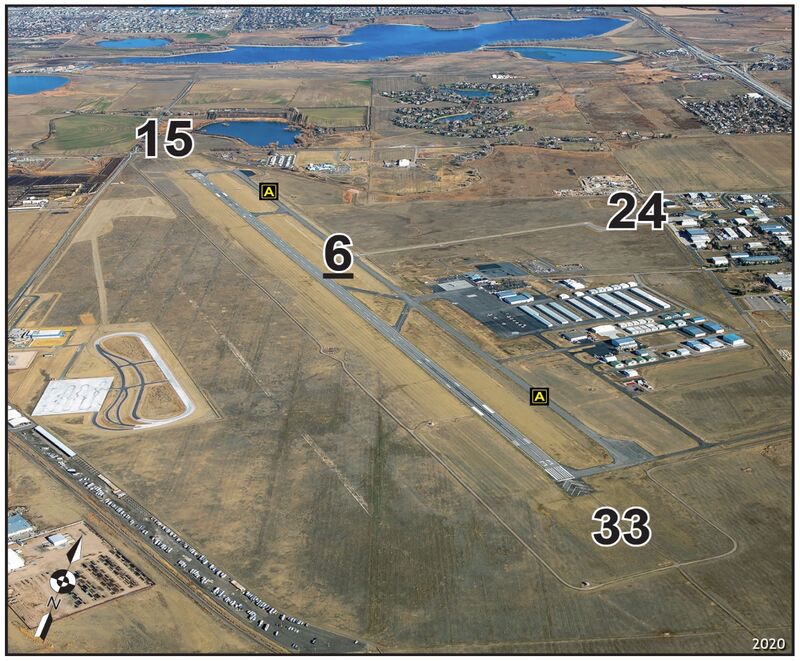 Aerial view of Northern Colorado
    Regional Airport with numbered
    runways