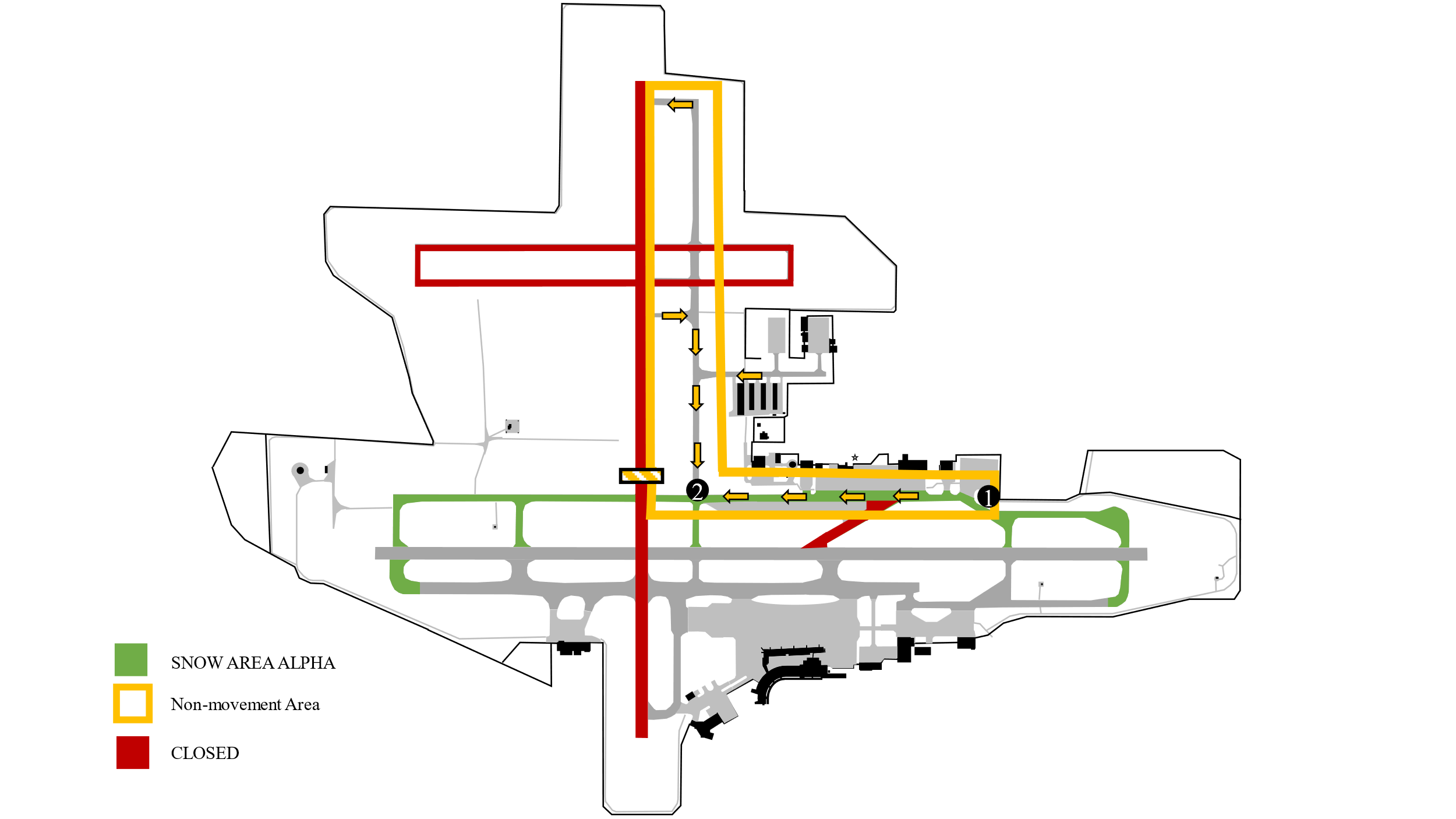 A map photo of the South Bend International Airport airfield including runway 27 left, taxiway Alpha, taxiway November, and taxi-lane Tango. If the ATIS is advising runway 9 right, this photo shows with the direction to proceed is south on taxiway N if parked on the Runway 18 or west within the FBO parking areas. 