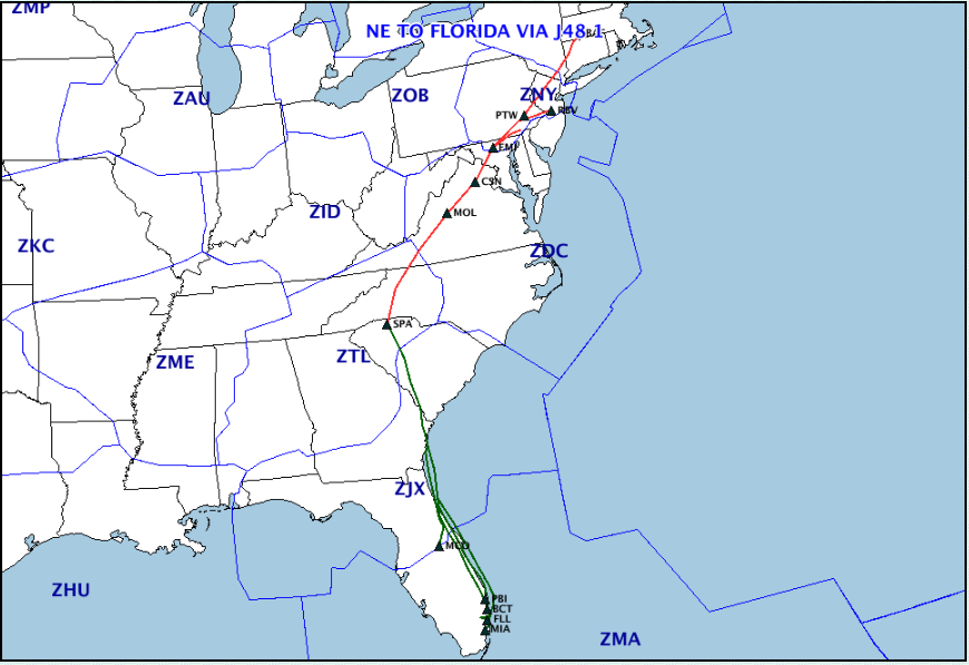 A graphic depicting flights to/from the EAST coast of Florida using J48 (includes MCO and satellites), may be similar to the current NE TO FLORIDA VIA J48 1 playbook