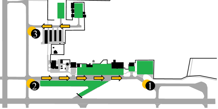 A created map of the east corner of the South Bend International Airport airfield including east runway 27 left, taxiway Alpha, taxiway November, and taxi-lane Tango. If the ATIS is advising runway 27 left, this photo shows highlighted in red the FBO parking and t-hangar parking areas with the direction to proceed. A diagram of a factory