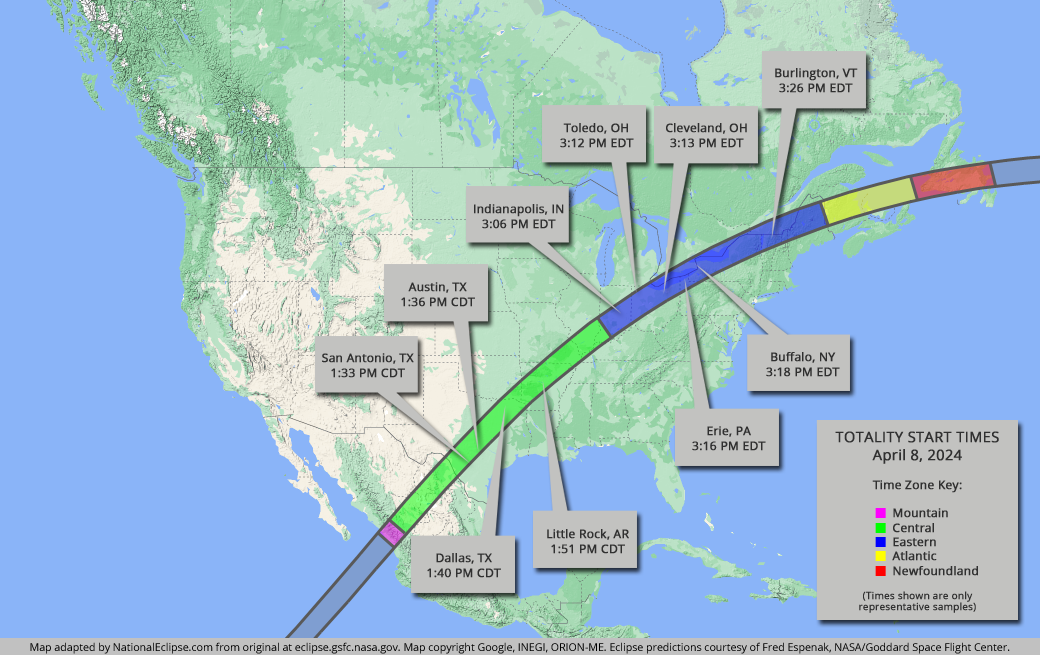 NationalEclipse.com 2024 Solar Eclipse Map This graphic displays one of the 2024 Solar Eclipse maps available at: https://nationaleclipse.com