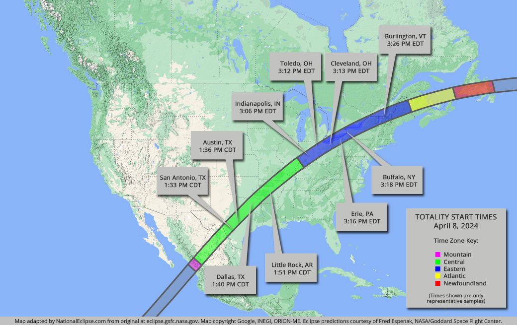 NationalEclipse.com 2024 年日食地图 此图显示了 2024 年日食地图之一，网址为：https://nationaleclipse.com