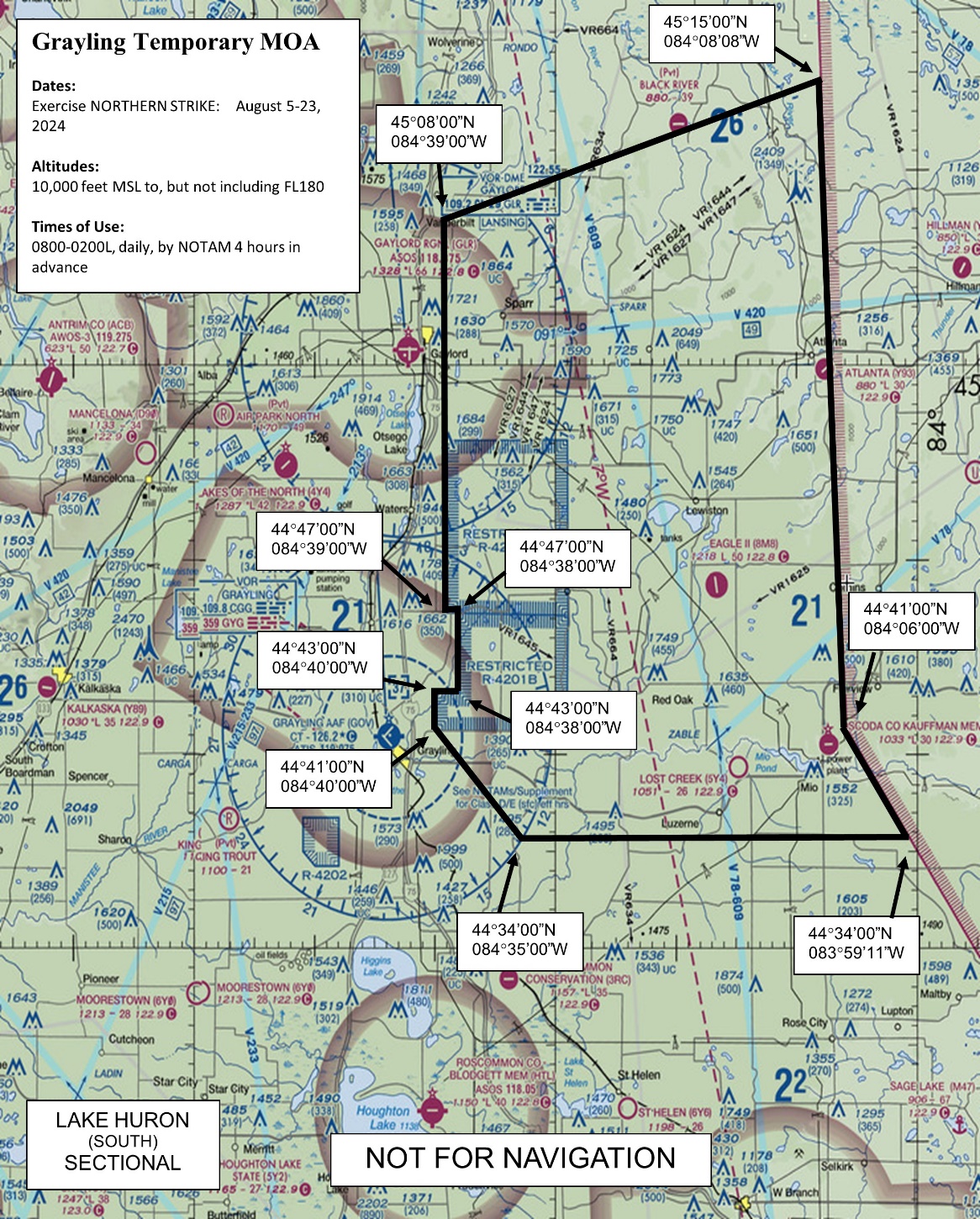 A graphic depicting the dates, altitudes, and times of use for Grayling Temporary MOA.