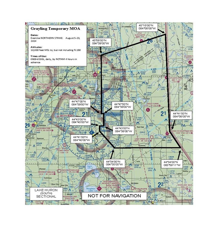 A graphic depicting the dates, altitudes, and times of use for Grayling Temporary MOA.