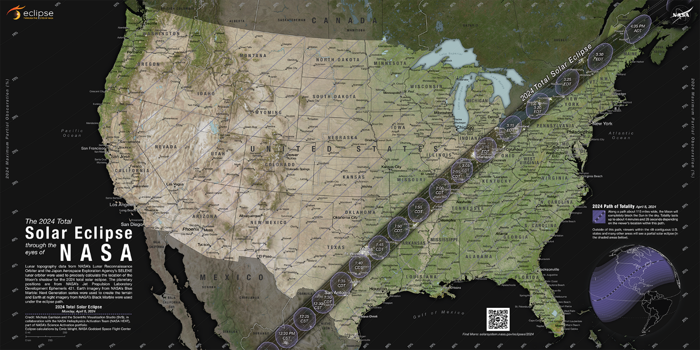 NASA 2024 年日食地图 此图显示了 NASA 2024 年日食地图，网址为：https://science.nasa.gov/eclipses/future-eclipses/eclipse-2024