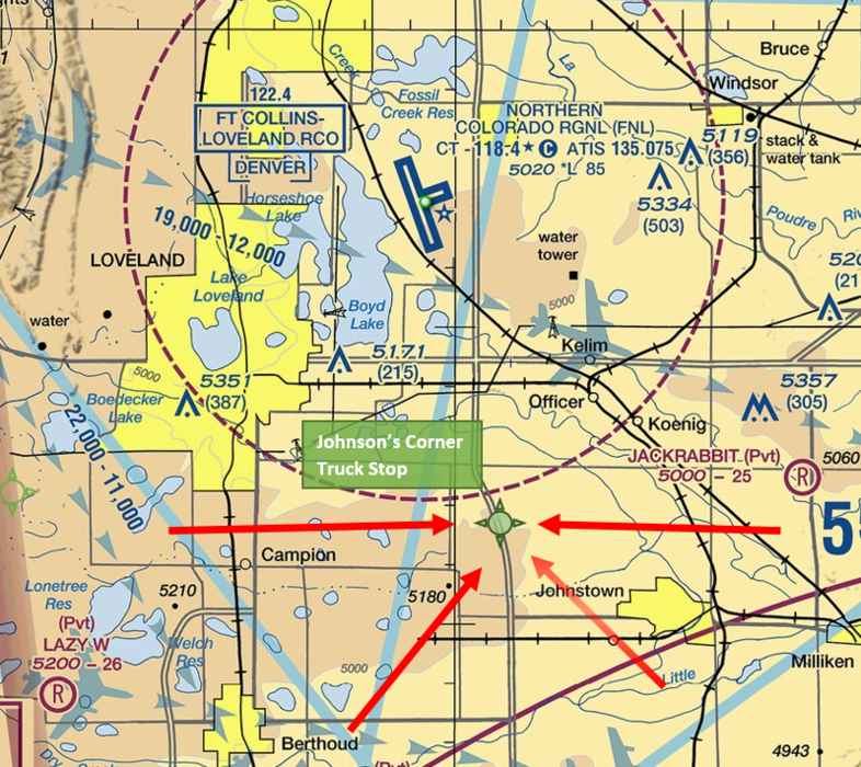 VFR sectional depicting Johnson's Corner Truck Stop VFR waypoint and arrival routes.