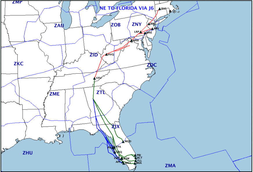 A graphic depicting the Flights to/from the WEST coast of Florida using J6, may be similar to the current NE TO FLORIDA VIA J6 playbook