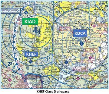 Illustration shows Manassas Airport airspace in relation to Washington Dulles and National airports.
