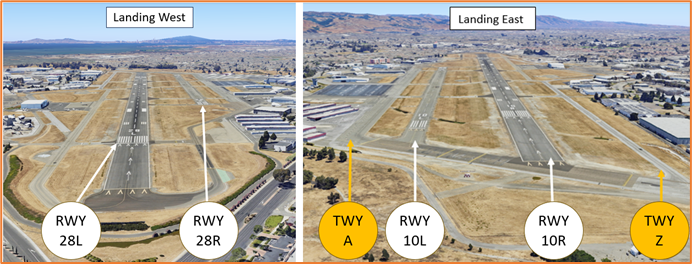 Pictures of runways and parallel taxiways when landing to the west and the east.