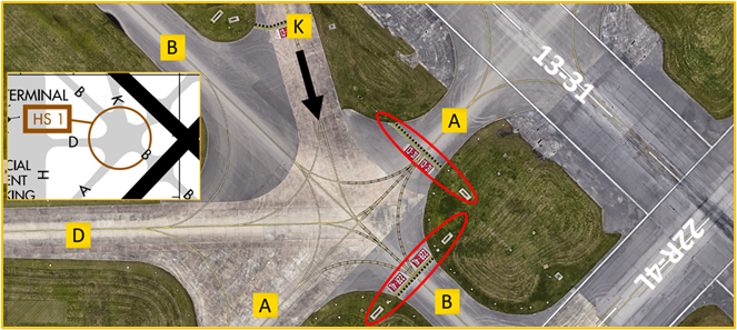 Complex intersection TWY A, TWY B, TWY D and TWY K west of RWY 13/31 and RWY 4L/22R.
