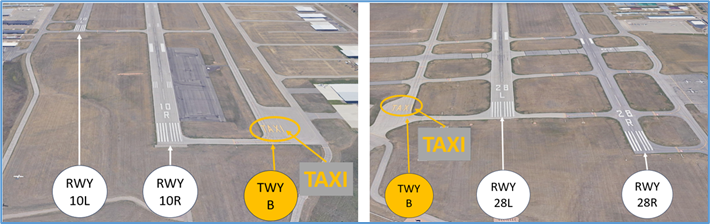 Pilots have mistaken TWY B for a RWY. To assist in mitigating this risk, the word “TAXI” has been painted at both ends of TWY B.