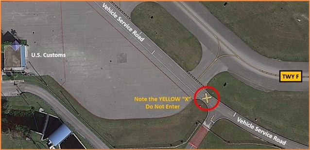 There is a vehicle service road near the customs ramp. Do not confuse this Vehicle Service Road with TWY F.