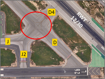 lgb-confusing-pavement-area.png At the intersection of TWY J and TWY D, the large expanse of pavement sometimes confuses pilots, and they usually stop. Stay on TWY centerline. If you are ever unsure about your position or instructions, ask the TWR.