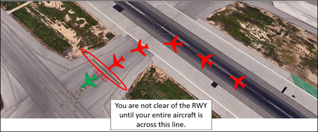 lgb-runway-exiting.png When clearing the RWY after landing, be sure to taxi completely across the Hold Short Lines for the RWY behind you. You are not clear of the RWY until your entire aircraft is across this line.