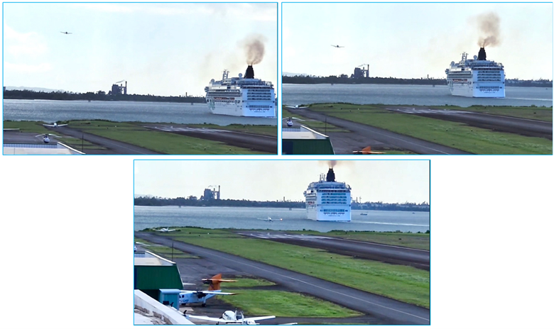 Fernando Luis Ribas Dominicci Airport (SIG) (TJIG) Runway 9 arrival with ship maneuvering in the harbor.