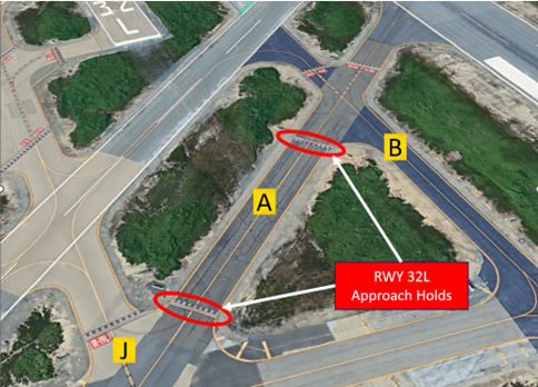 Buchanan Field Airport (CCR) Hot Spot 3 Runway incursion risk. RWY 32L approach hold area on TWY A between TWYs J and B. Holding Position Marking in an unexpected location.