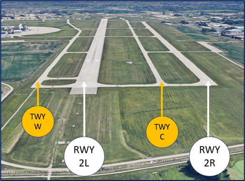The four RWYs at DPA all have mostly full-length parallel TWYs.
