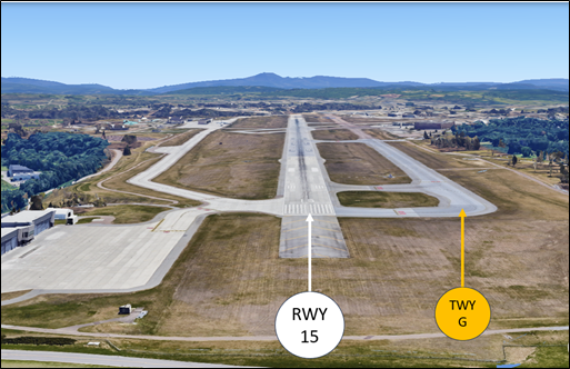 Wrong Surface Landing Risk depicting Runway One Five and Taxiway Golf.
