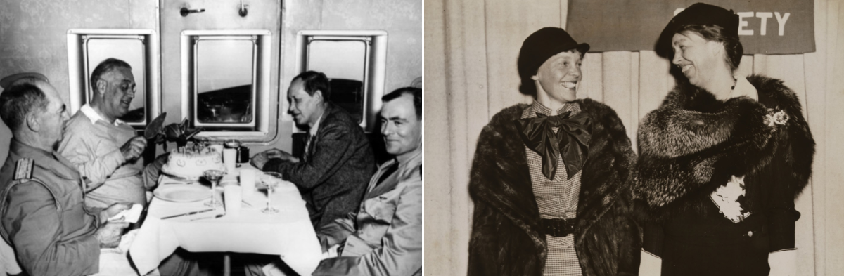 FDR on a plane during his birthday; Amelia Earhart and Eleanor Roosevelt