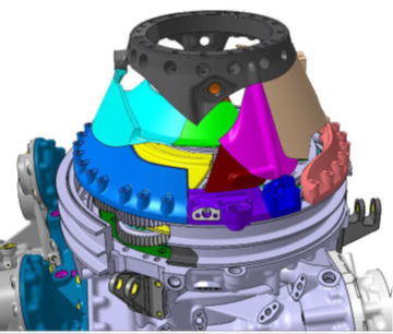 Illustration showing reconstruction of recovered epicyclic module conical housing pieces following the second-stage planet gear failure. 