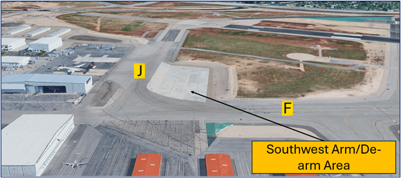 The SE and SW Arm/De-arm pads are sometimes utilized as run-up areas but may be unavailable during military operations.