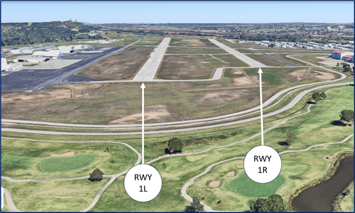 Wrong Surface Landing risk exists due to closely spaced parallel runways with staggered thresholds. 