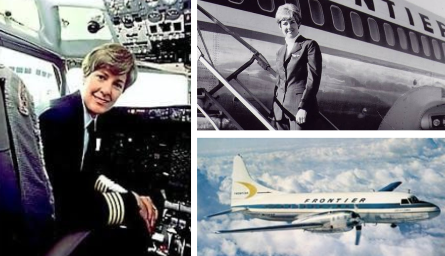 Left to right: Emily Howell Warner in the cockpit; Emily Howell Warner while Frontier Second Officer; Frontier Convair 580.