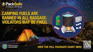 Camping fuels are banned in all baggage poster