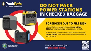 Do not pack power stations in checked baggage poster
