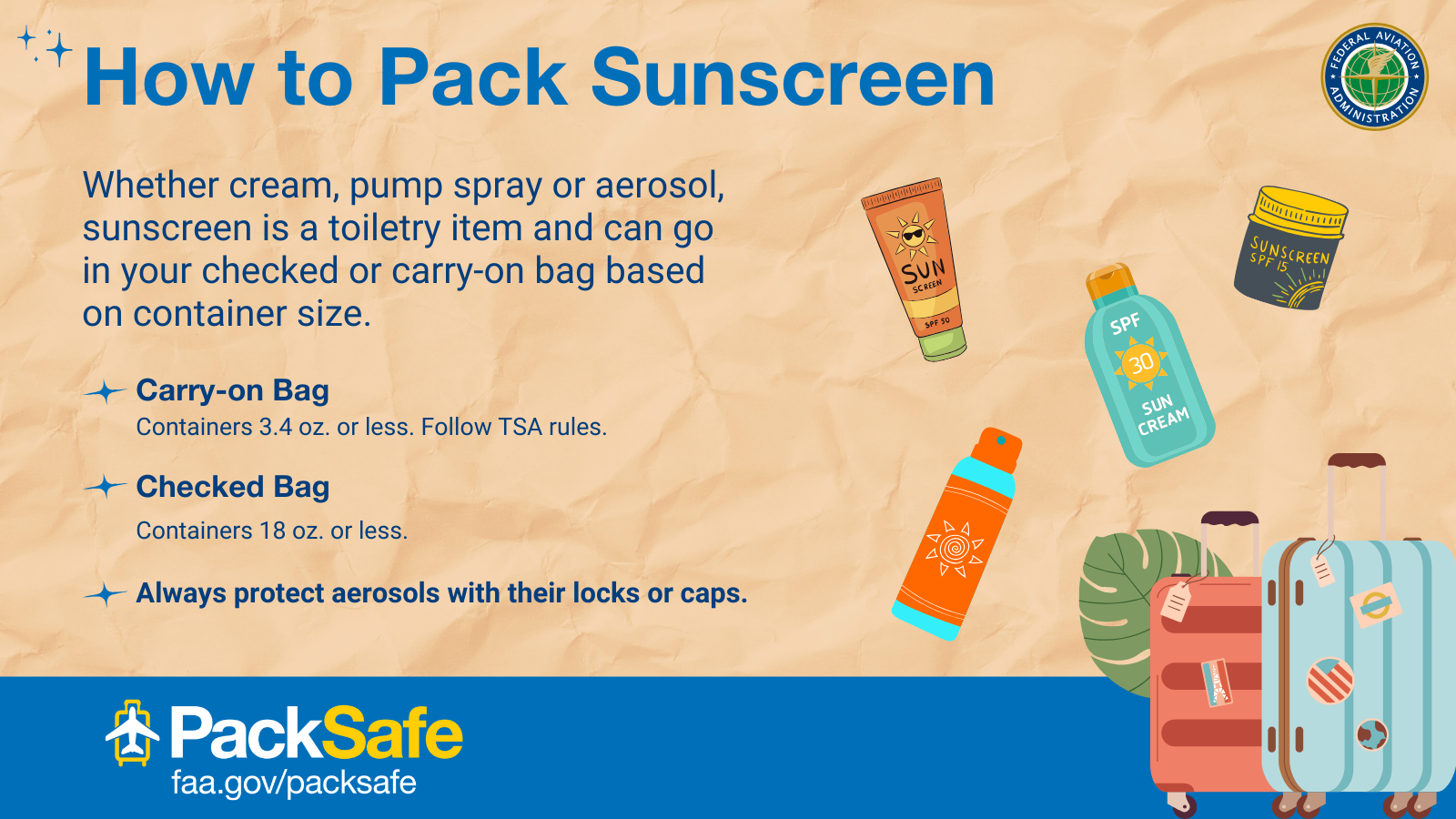 How to pack sunscreen: Whether cream, pump spray or aerosol, sunscreen is a toiletry item and can go in your checked or carry-on bag based on container size. Carry-on: containers 3.4 oz or less (follow TSA rules); Checked bag: containers 18 oz. or less. Always protect aerosols with their locks or caps.