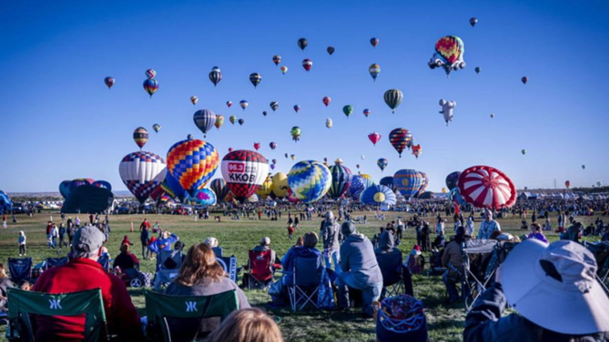 a large crowd people watch as hot air balloons ascend into the sky