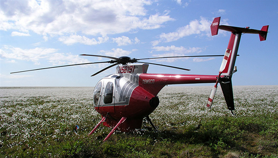 A helicopter in an open field